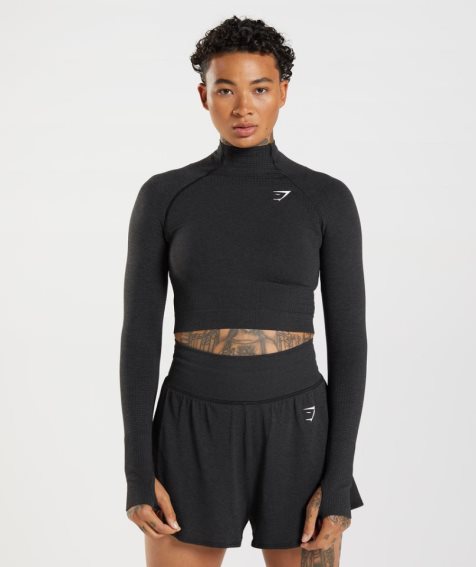 Women's Gymshark Vital Seamless 2.0 High Neck Midi Cropped Tops Black | NZ 8DRLPG